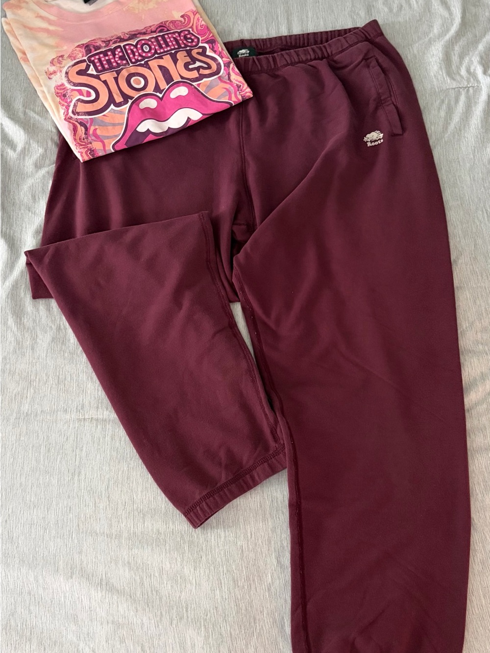 ROOTS Maroon Women’s Sweatpants + Rolling Stones T-Shirt